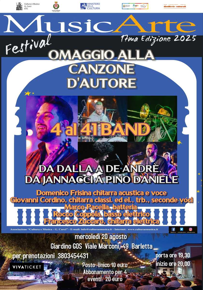 4 AL 41 BAND "Omaggio alla Canzone d’Autore: da Dalla a De André, da Jannacci a Pino Daniele" in concerto al Giardino Gos di Barletta