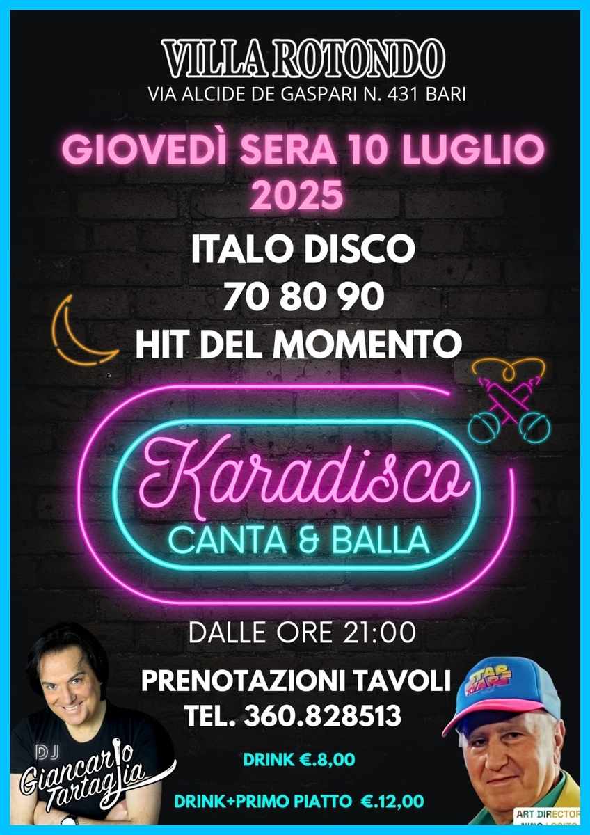GIANCARLO TARTAGLIA & PEPPEZ tutti i Giovedi di Luglio a VILLA ROTONDO per le serate tutte da cantare e ballare! Selelezioni per la 2° tappa della CORRIDA che si terrà Giovedi 31 Lulglio